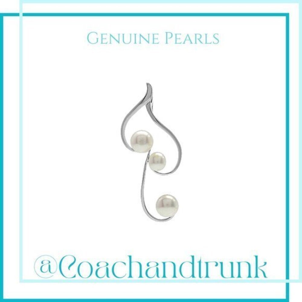 925 Sterling Silver 3 White Freshwater Pearls Flourish Pendant‎ NWT